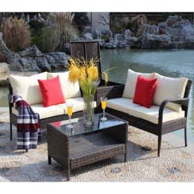 4 Piece Patio Sectional Wicker Rattan Outdoor Furniture Sofa Set with Storage Box Brown