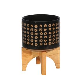 Planter with Wooden Stand and Abstract Design, Small, Black