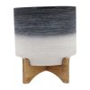 CERAMIC 10" PLANTER ON WOODEN STAND, GRAY