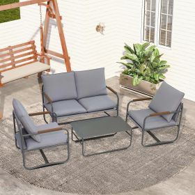 4-Piece Outdoor Patio Furniture Sets, Patio Conversation Set with Removable Seating Cushion, Courtyard Patio Set for Home, Yard, Poolside (Color: Gray)